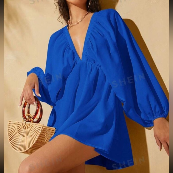 Plunging Neck Lantern Sleeve Tie Back Dress - Picture 1 of 4